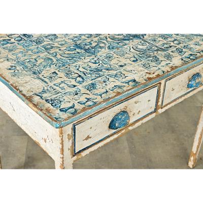 English Pine Table with Faux Delft Tile Painted Top