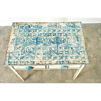 English Pine Table with Faux Delft Tile Painted Top