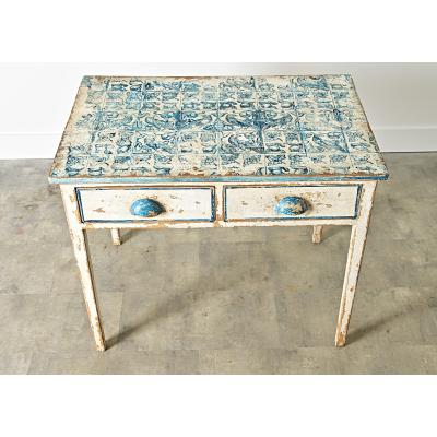 English Pine Table with Faux Delft Tile Painted Top