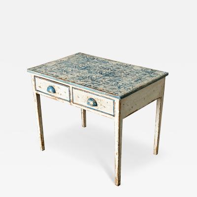 English Pine Table with Faux Delft Tile Painted Top