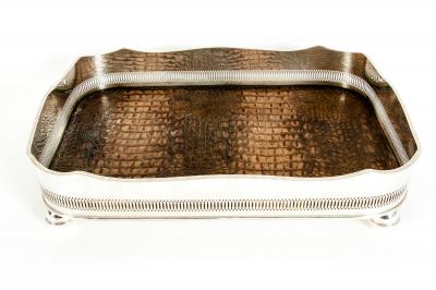English Plated High Bordered Frame Crocodile Interior Barware Tray