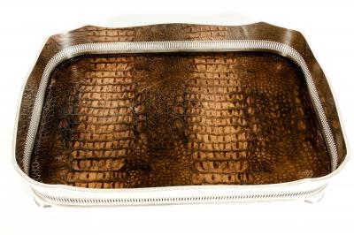 English Plated High Bordered Frame Crocodile Interior Barware Tray