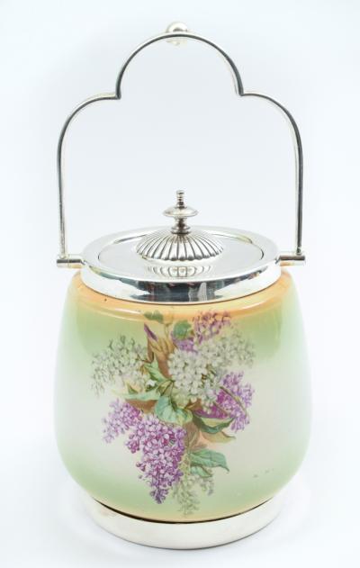 English Porcelain with Silver Plate Covered Ice Bucket 