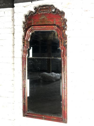 English Queen Anne Early 18th Century Red Chinoiserie Lacquer Mirror