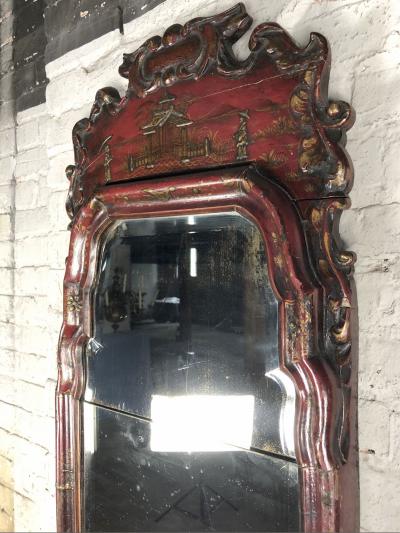 English Queen Anne Early 18th Century Red Chinoiserie Lacquer Mirror