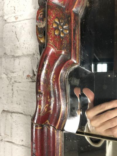 English Queen Anne Early 18th Century Red Chinoiserie Lacquer Mirror