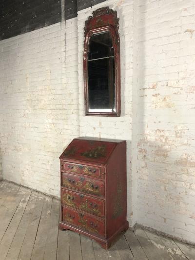 English Queen Anne Early 18th Century Red Chinoiserie Lacquer Mirror