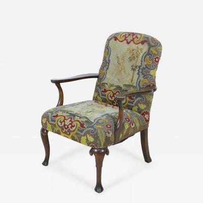 English Queen Anne Needlepoint Tapestry and Walnut Armchair