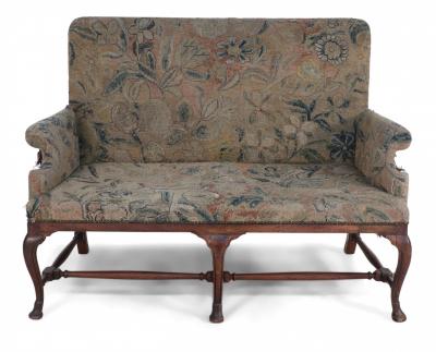 English Queen Anne Needlepoint Tapestry and Walnut Settee