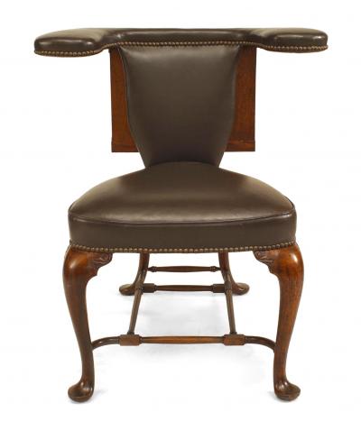 English Queen Anne Oak and Leather Reading Armchair