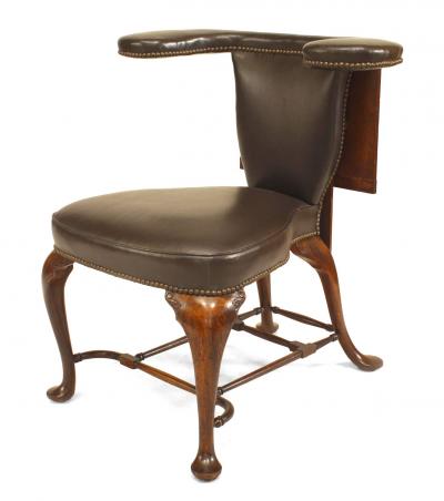 English Queen Anne Oak and Leather Reading Armchair