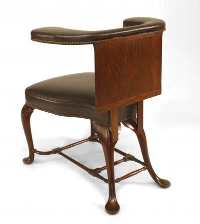 English Queen Anne Oak and Leather Reading Armchair