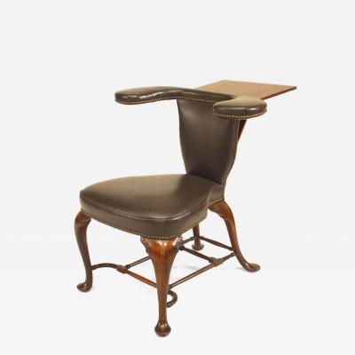 English Queen Anne Oak and Leather Reading Armchair