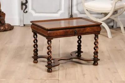 English Queen Anne Style 1910 Burl Walnut Coffee Table with Bookmatched Tray Top