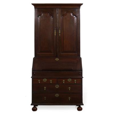 English Queen Anne Style Oak Antique Secretary Desk w Bookcase