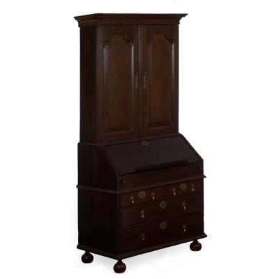 English Queen Anne Style Oak Antique Secretary Desk w Bookcase