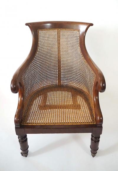English Regency Caned Mahogany Armchair or Bergere of Unusual Form circa 1830