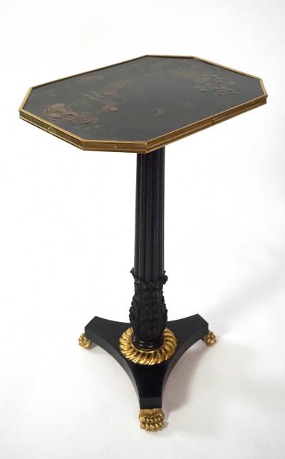 English Regency Chinoiserie Lacquer Top Ebonized Brass Mounted Stand
