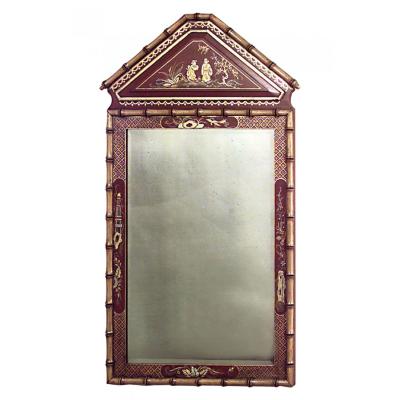 English Regency Chinoiserie Style Faux Bamboo Pediment Top Wall Mirror