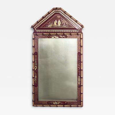 English Regency Chinoiserie Style Faux Bamboo Pediment Top Wall Mirror