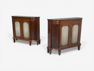 English Regency Demilune Cabinets Mahogany Brass Fabric England 20th c 
