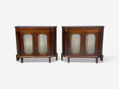 English Regency Demilune Cabinets Mahogany Brass Fabric England 20th c 