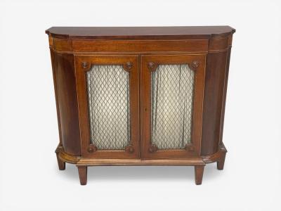 English Regency Demilune Cabinets Mahogany Brass Fabric England 20th c 