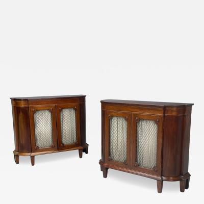 English Regency Demilune Cabinets Mahogany Brass Fabric England 20th c 