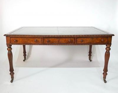 English Regency George IV Oak and Burr Walnut Library Writing Table circa 1825