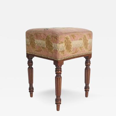 English Regency Mahogany Stool with Original Needlepoint of a Spaniel c 1820