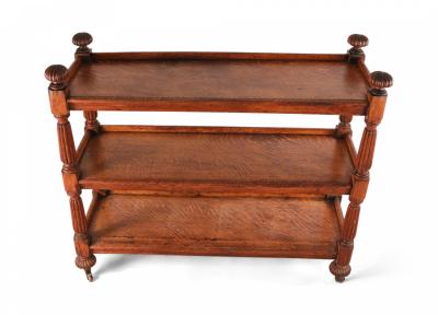 English Regency Oak Ball Finial Three Shelf Etagere