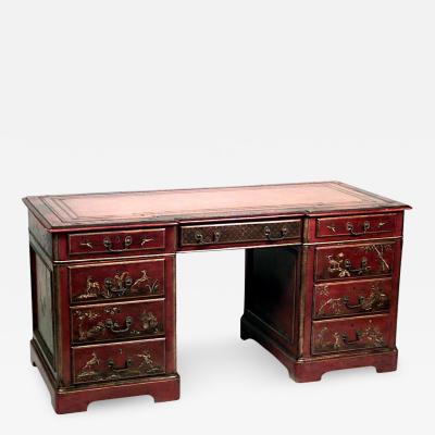 English Regency Red Lacquered Chinoiserie Knee Hole Desk