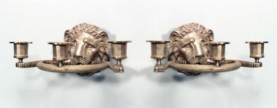 English Regency Style Gilt Lion Head and Snake Wall Sconces