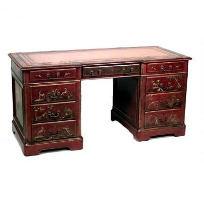 English Regency Style Red Lacquered Chinoiserie Knee Hole Desk