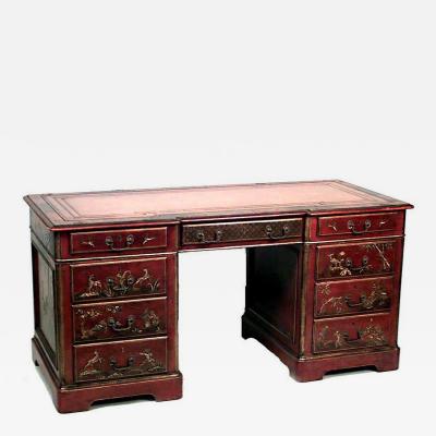 English Regency Style Red Lacquered Chinoiserie Knee Hole Desk