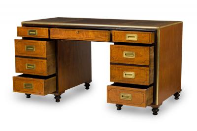 English Regency Style Wood and Brass Leather Top Campaign Desk