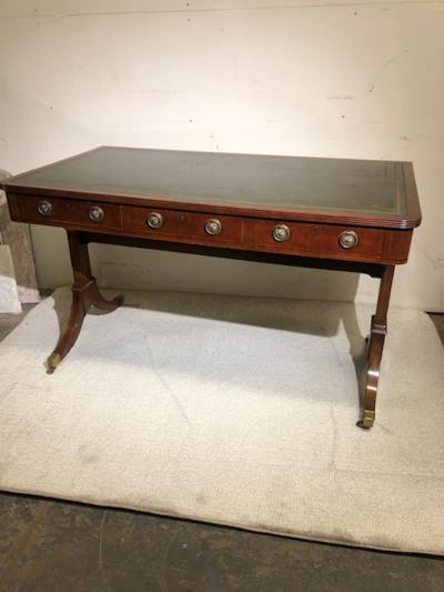 English Regency Trestle end leather to writing desk w ring handles