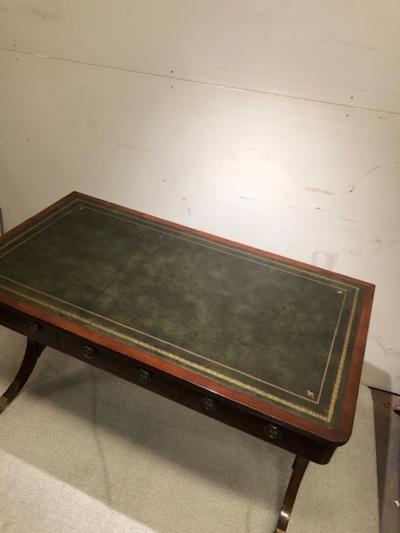 English Regency Trestle end leather to writing desk w ring handles