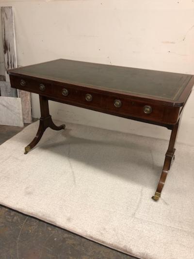 English Regency Trestle end leather to writing desk w ring handles