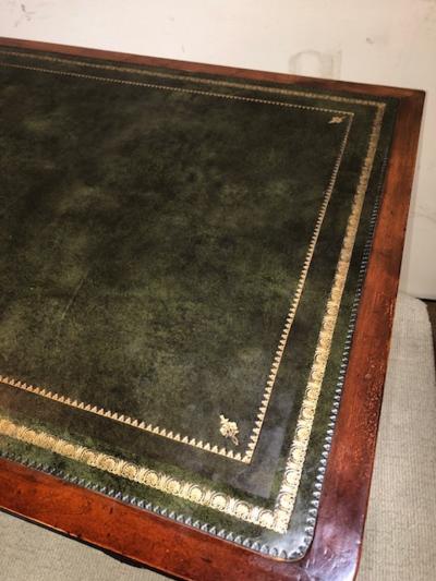 English Regency Trestle end leather to writing desk w ring handles
