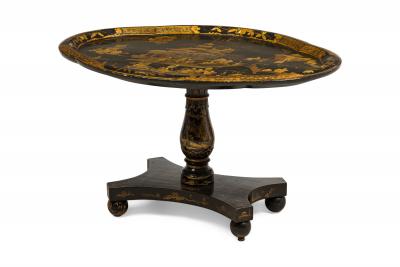 English Regency black lacq pedestal base coffee table with oval chinoiserie top