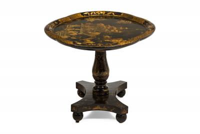 English Regency black lacq pedestal base coffee table with oval chinoiserie top
