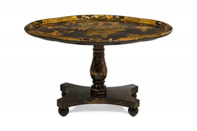 English Regency black lacq pedestal base coffee table with oval chinoiserie top