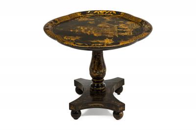 English Regency black lacq pedestal base coffee table with oval chinoiserie top