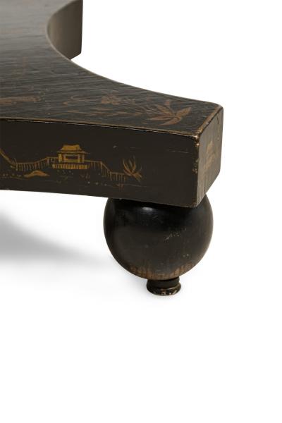 English Regency black lacq pedestal base coffee table with oval chinoiserie top