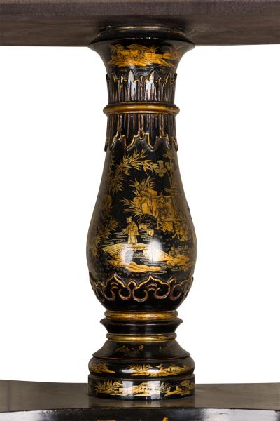 English Regency black lacq pedestal base coffee table with oval chinoiserie top