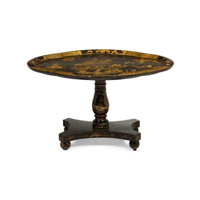 English Regency black lacq pedestal base coffee table with oval chinoiserie top