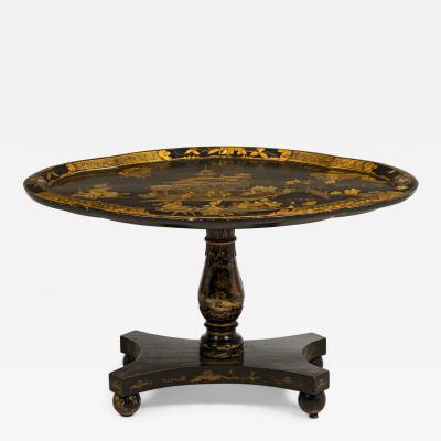 English Regency black lacq pedestal base coffee table with oval chinoiserie top