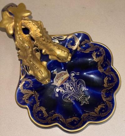 English Regency style cobalt blue porcelain centerpiece with 2 gilt dolphins