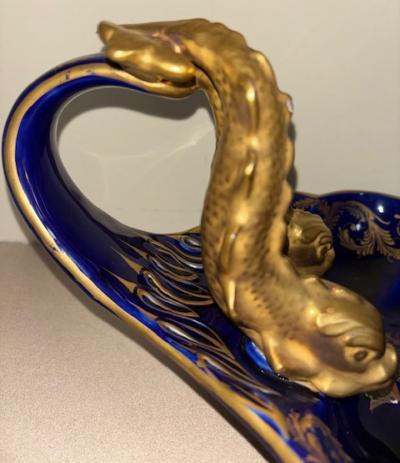 English Regency style cobalt blue porcelain centerpiece with 2 gilt dolphins